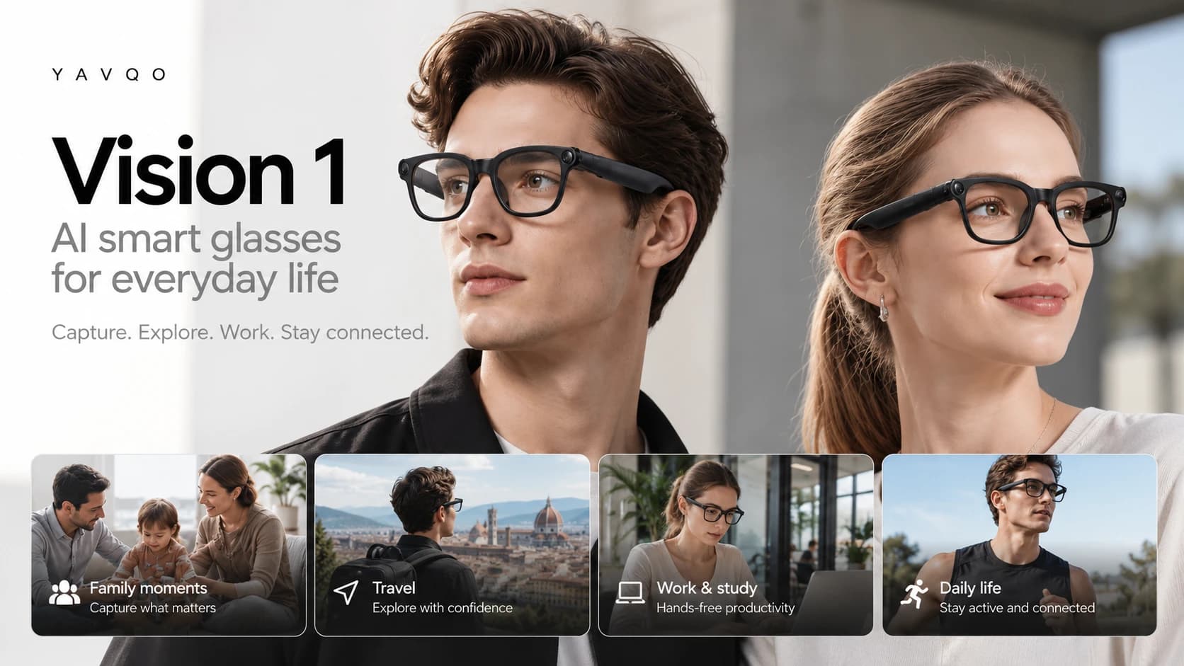 Two people wearing black Vision 1 smart glasses, with scenes for family moments, travel, work and study, and daily life.