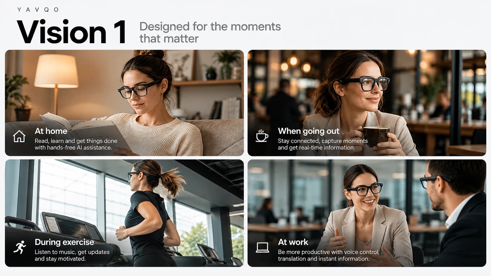 Four scenes of people wearing Vision 1: reading at home, at a café, running on a treadmill, and in a meeting at work.